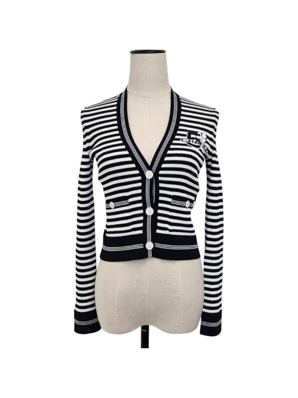 Chanel Marine Stripe Knit Cardigan Navy White
